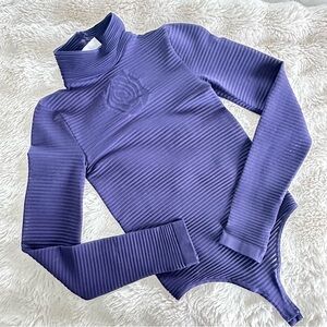 HTF Wolford {XS} Turtleneck Bodysuit Top - Rose on Chest - Stripe Purple - WOW